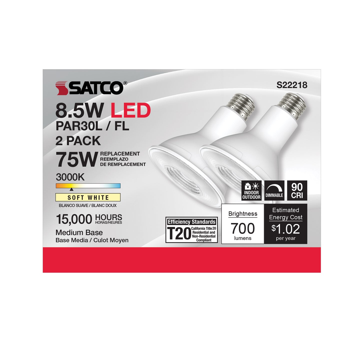 8.5 Watt PAR30L LED; 90 CRI; 3000K; 40 deg. Beam Angle; Medium base; 120 Volt; Pack of 2