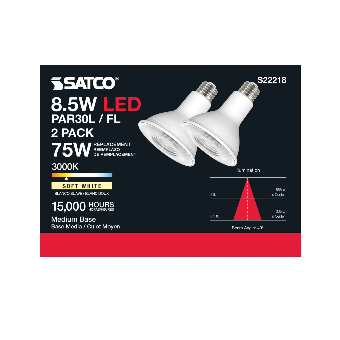 8.5 Watt PAR30L LED; 90 CRI; 3000K; 40 deg. Beam Angle; Medium base; 120 Volt; Pack of 2