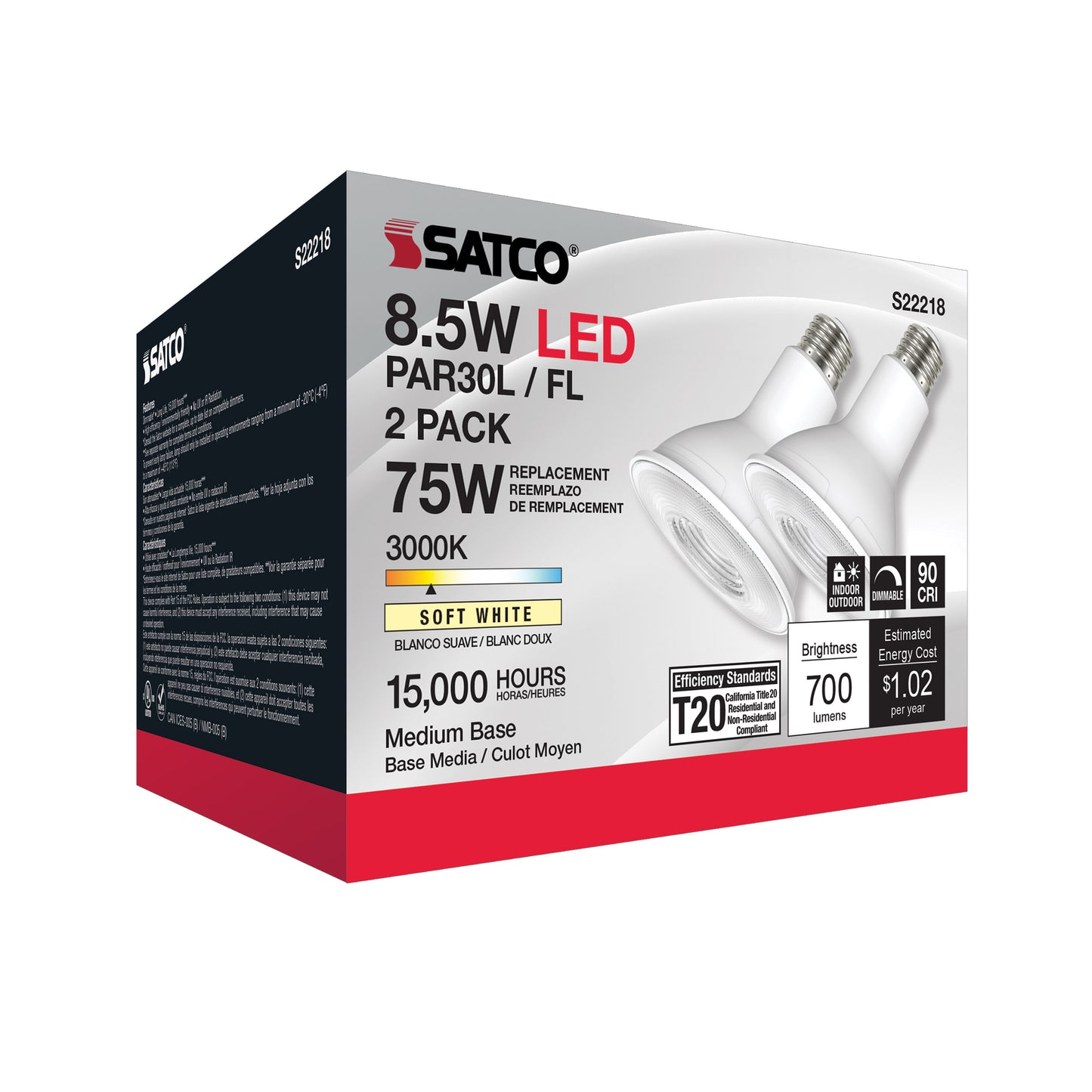 8.5 Watt PAR30L LED; 90 CRI; 3000K; 40 deg. Beam Angle; Medium base; 120 Volt; Pack of 2
