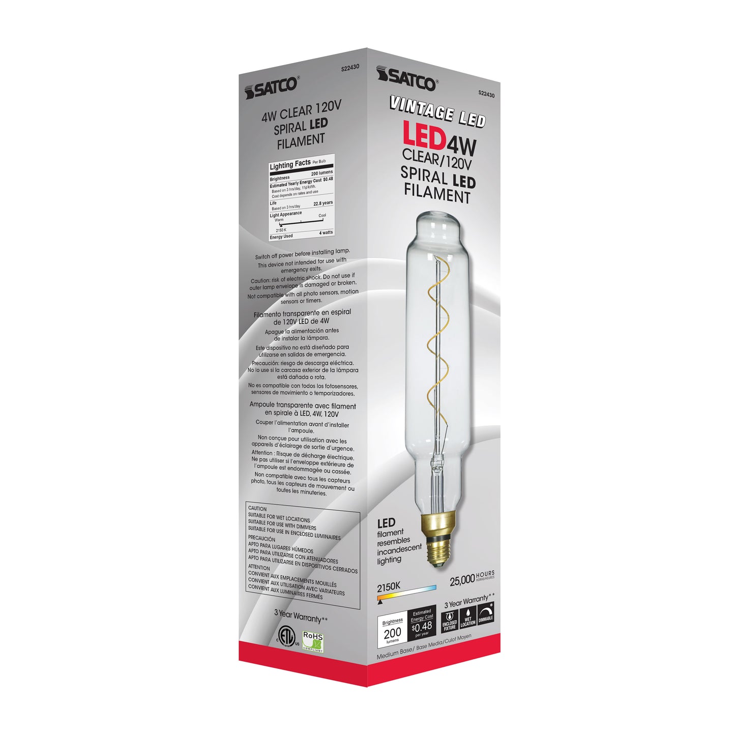 4 Watt T24 LED vintage style Filament; Clear; 25000 Average rated hours; Medium Base; 120 Volt