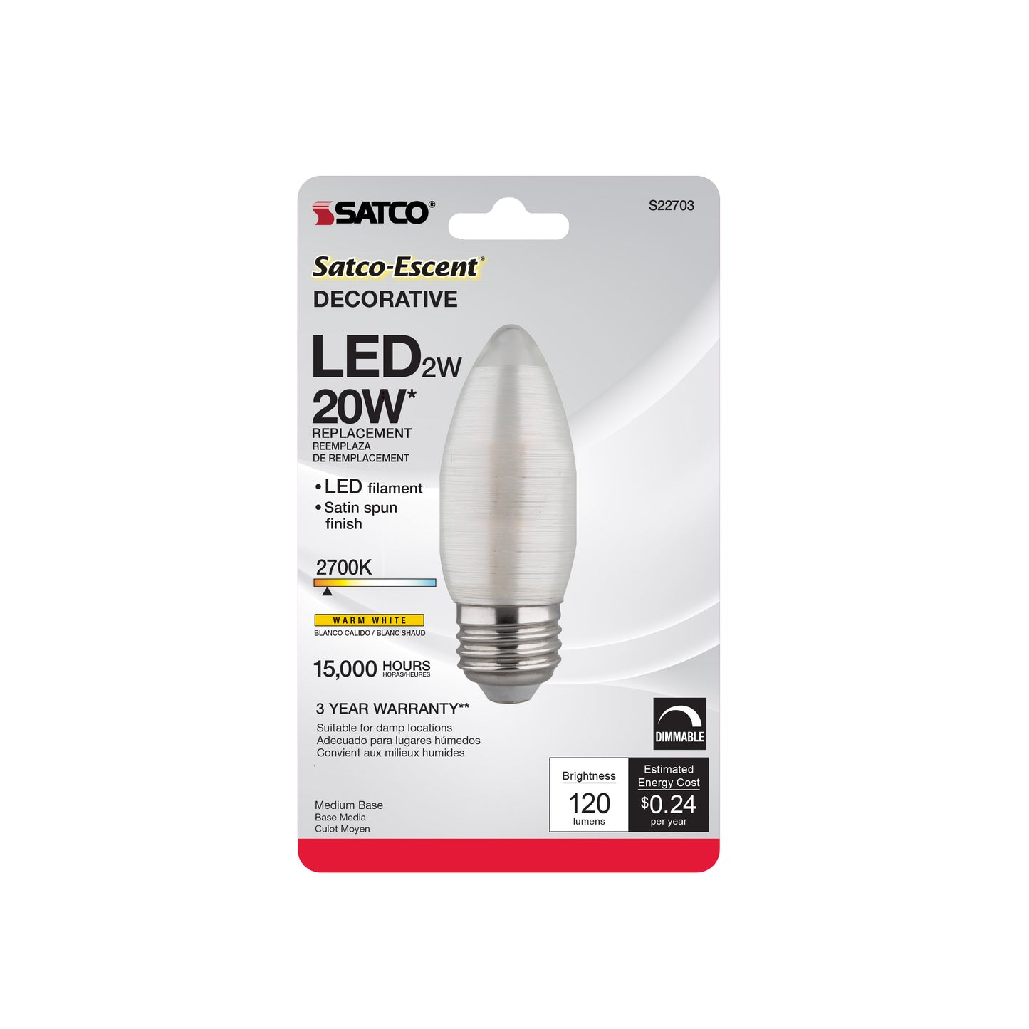 2 Watt C11 LED Filament; Satin Spun; Clear; Medium base; 2700K; 120 Lumens; 120 Volt; Carded