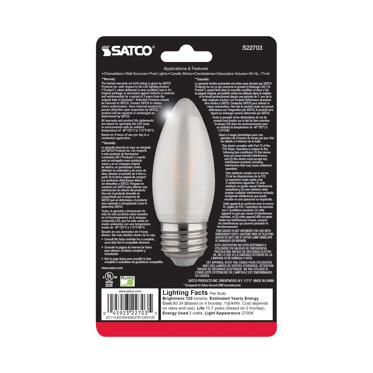 2 Watt C11 LED Filament; Satin Spun; Clear; Medium base; 2700K; 120 Lumens; 120 Volt; Carded