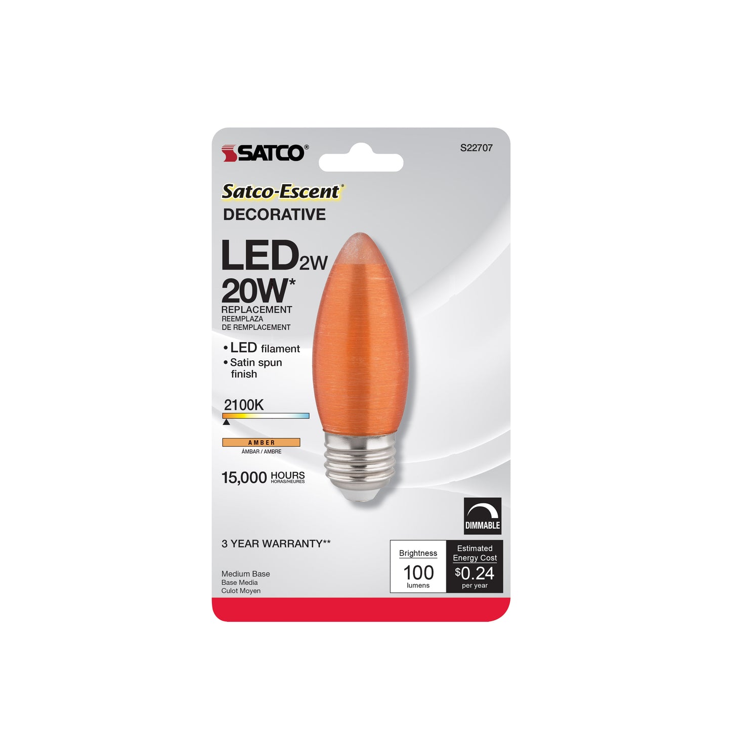 2 Watt C11 LED Filament; Satin Spun; Amber; Medium base; 2100K; 100 Lumens; 120 Volt; Carded