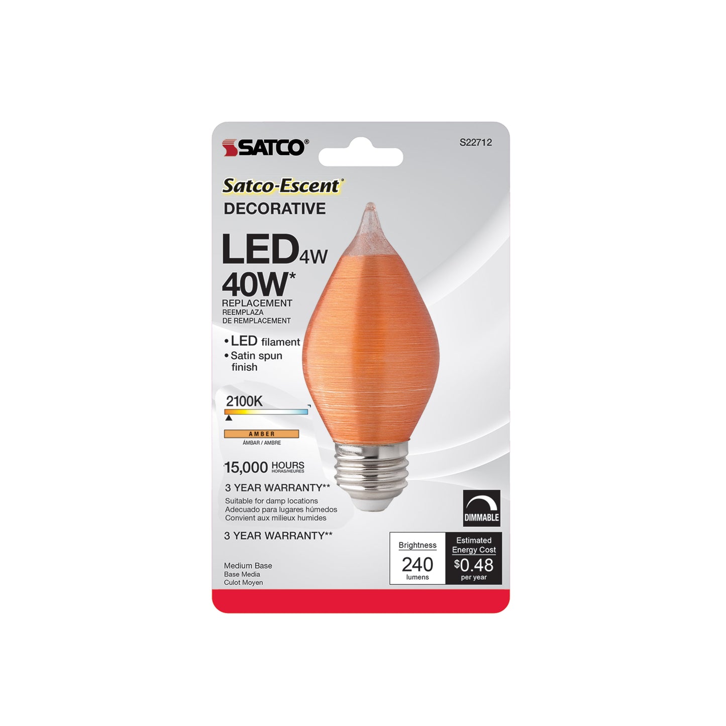 4 Watt C15 LED Filament; Satin Spun; Amber; Medium base; 2100K; 240 Lumens; 120 Volt; Carded