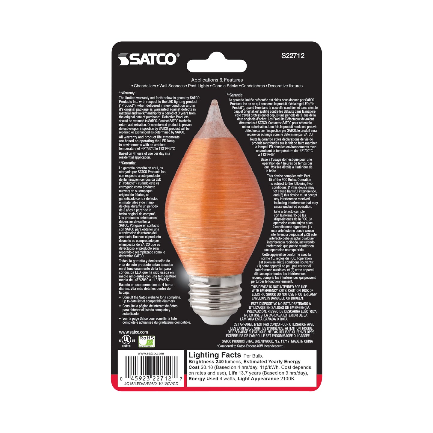 4 Watt C15 LED Filament; Satin Spun; Amber; Medium base; 2100K; 240 Lumens; 120 Volt; Carded