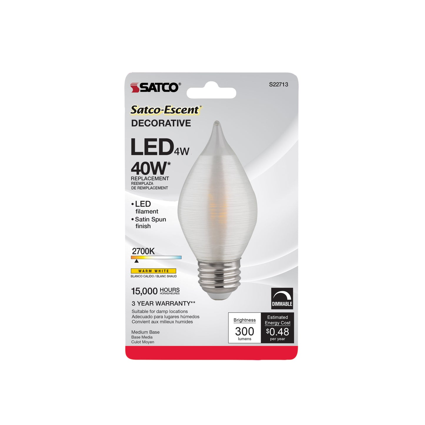 4 Watt C15 LED Filament; Satin Spun; Clear; Medium base; 2700K; 300 Lumens; 120 Volt; Carded