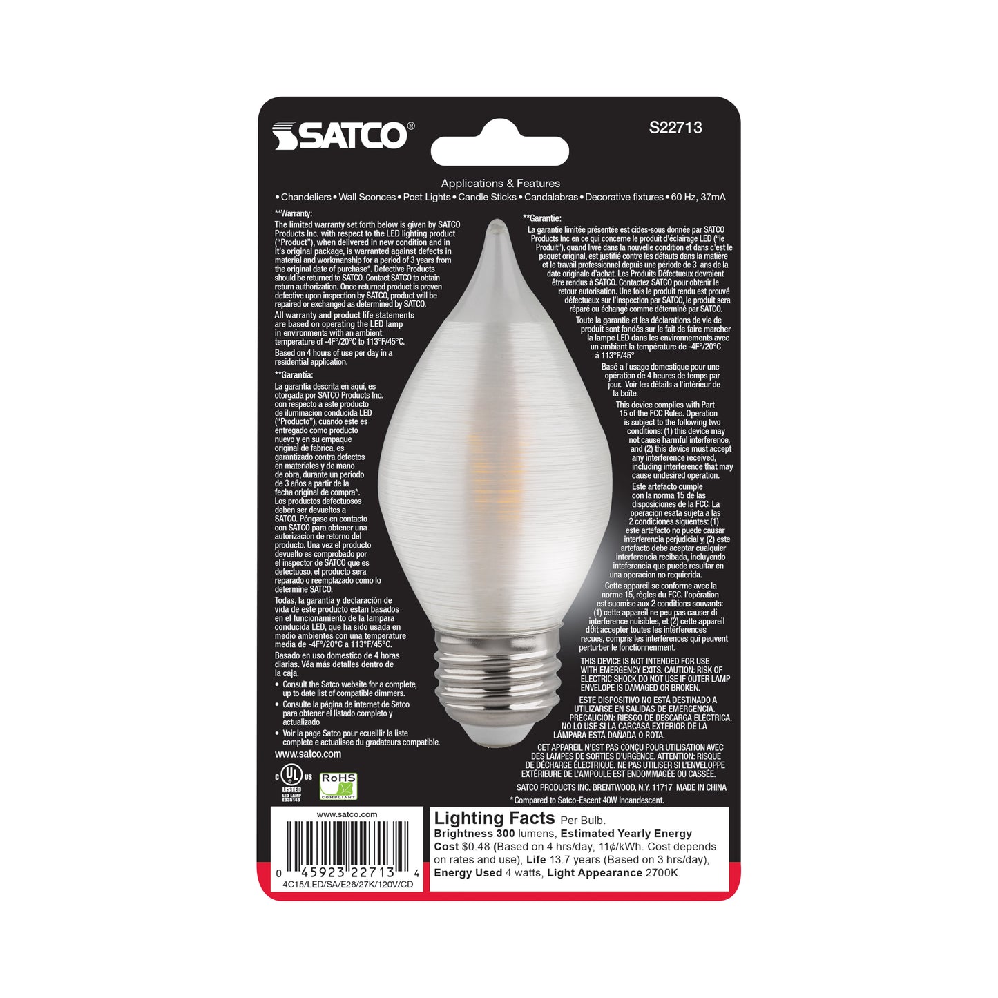4 Watt C15 LED Filament; Satin Spun; Clear; Medium base; 2700K; 300 Lumens; 120 Volt; Carded