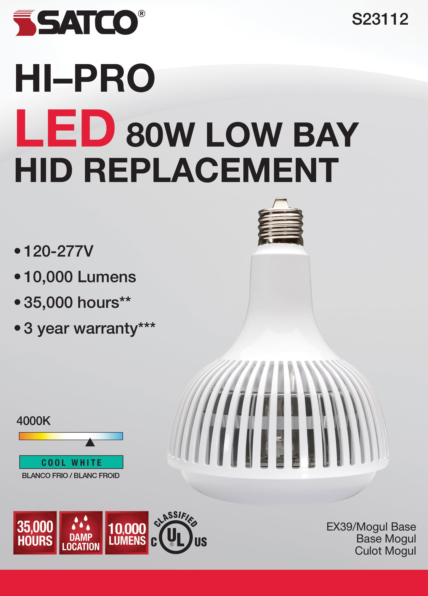 80 Watt - LED HID Replacement; 4000K; Mogul extended base; Type B Ballast Bypass; 120-277 Volt; Dimmable
