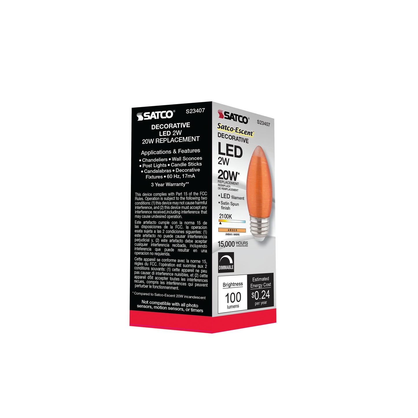 2 Watt C11 LED Filament; Satin Spun; Amber; Medium base; 2100K; 100 Lumens; 120 Volt