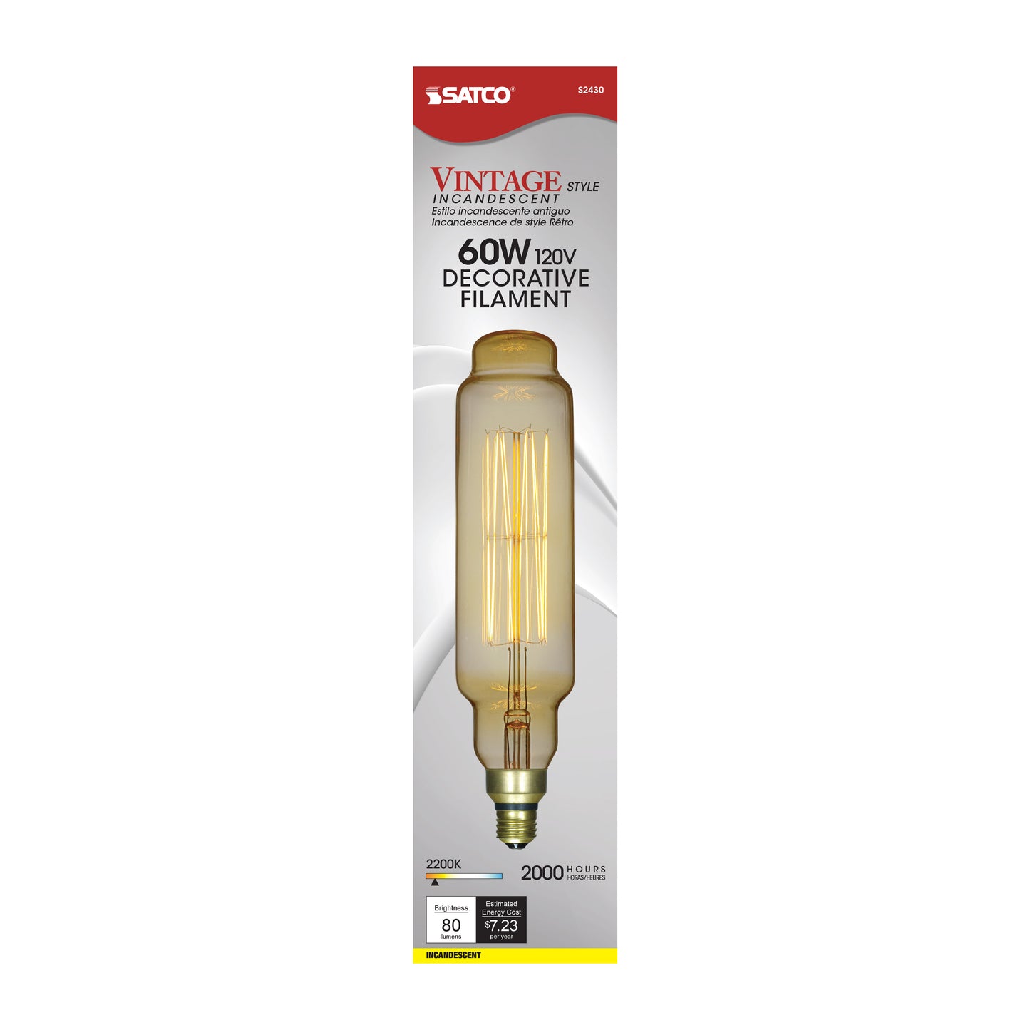 60 Watt T24 Incandescent vintage style; Amber; 2000 Average rated hours; Medium Base; 120 Volt