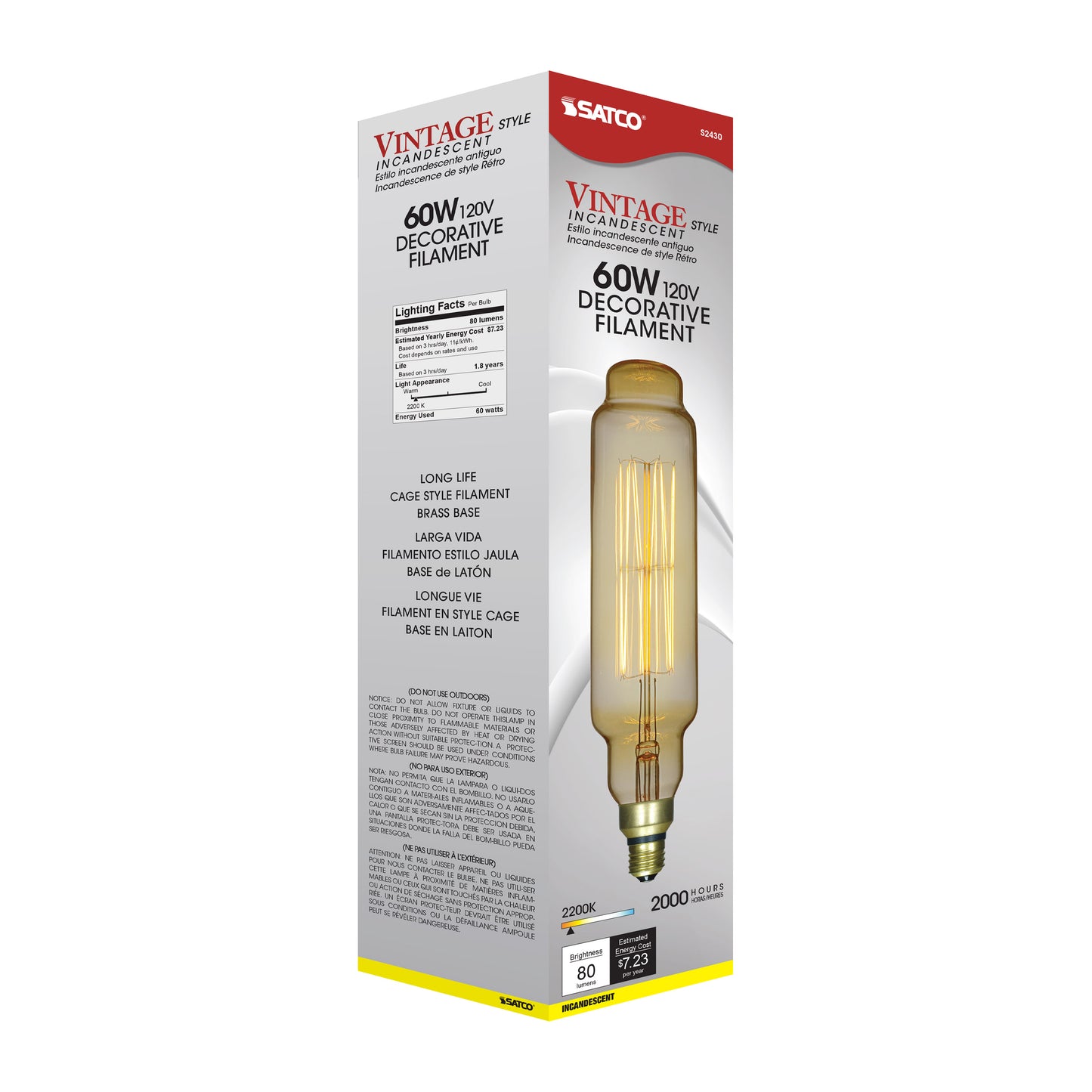 60 Watt T24 Incandescent vintage style; Amber; 2000 Average rated hours; Medium Base; 120 Volt