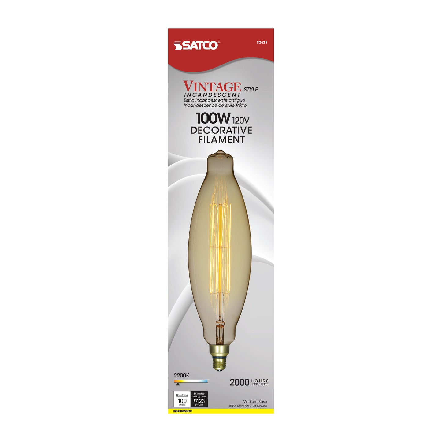 100 Watt BT38 Incandescent vintage style; Amber; 2000 Average rated hours; Medium Base; 120 Volt