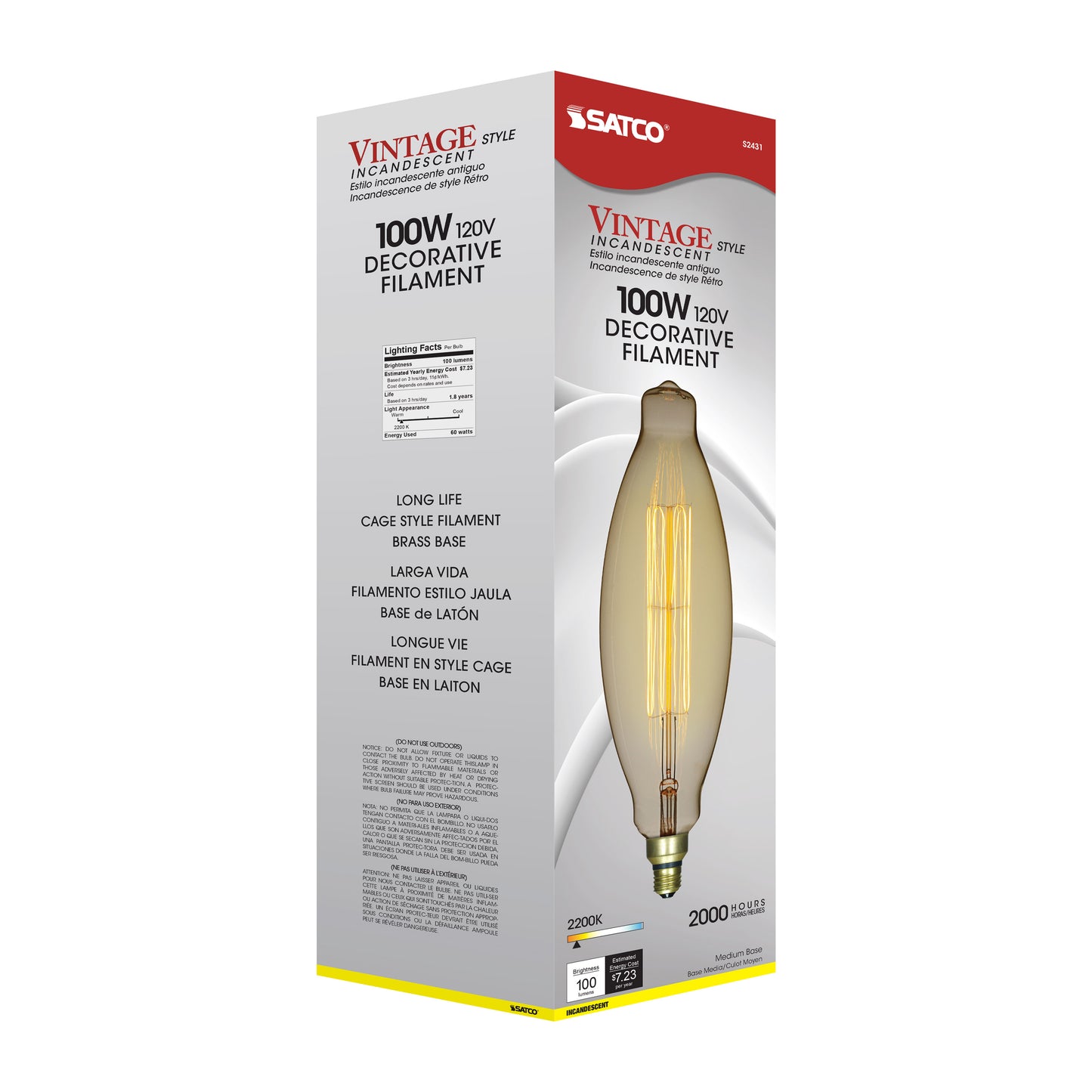 100 Watt BT38 Incandescent vintage style; Amber; 2000 Average rated hours; Medium Base; 120 Volt