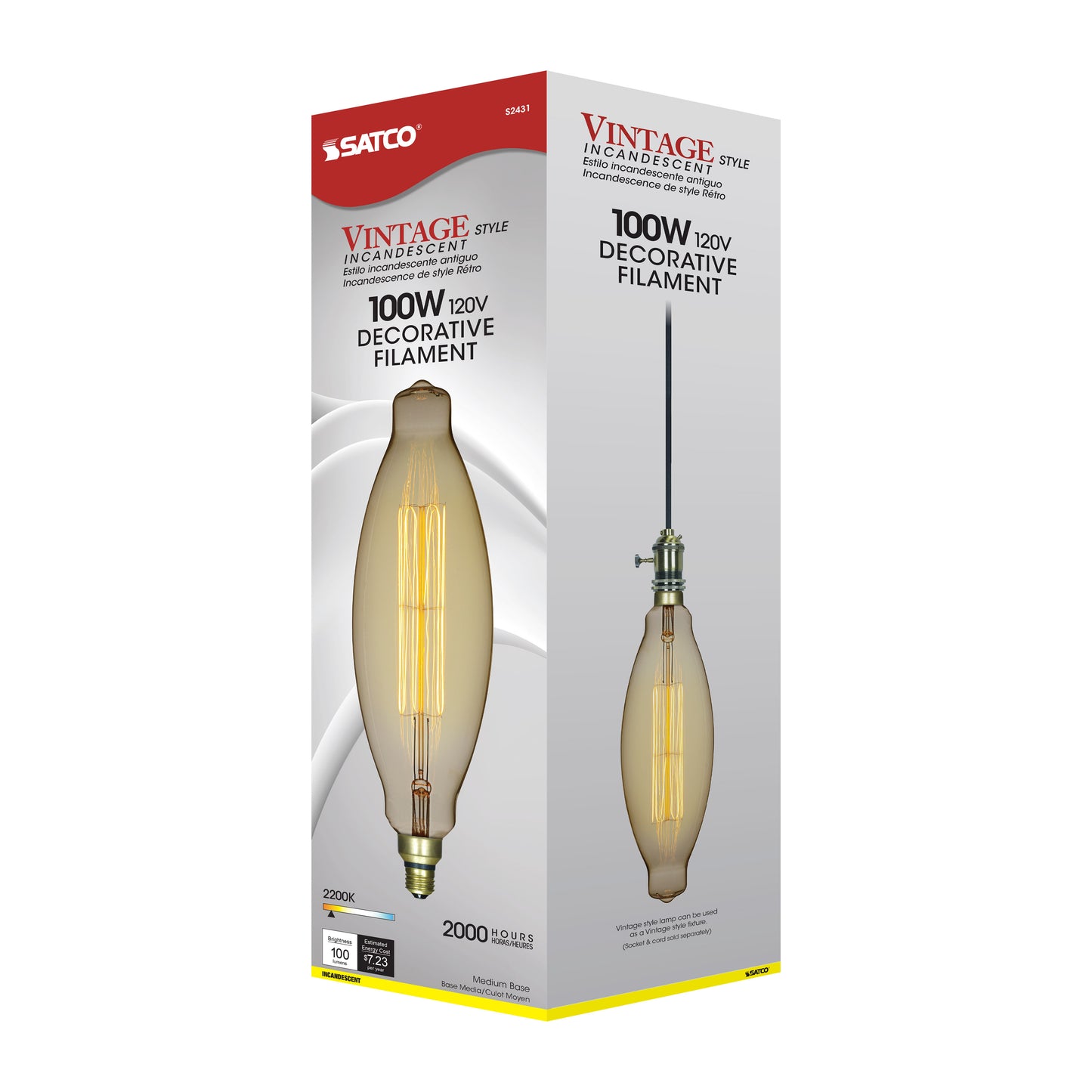 100 Watt BT38 Incandescent vintage style; Amber; 2000 Average rated hours; Medium Base; 120 Volt