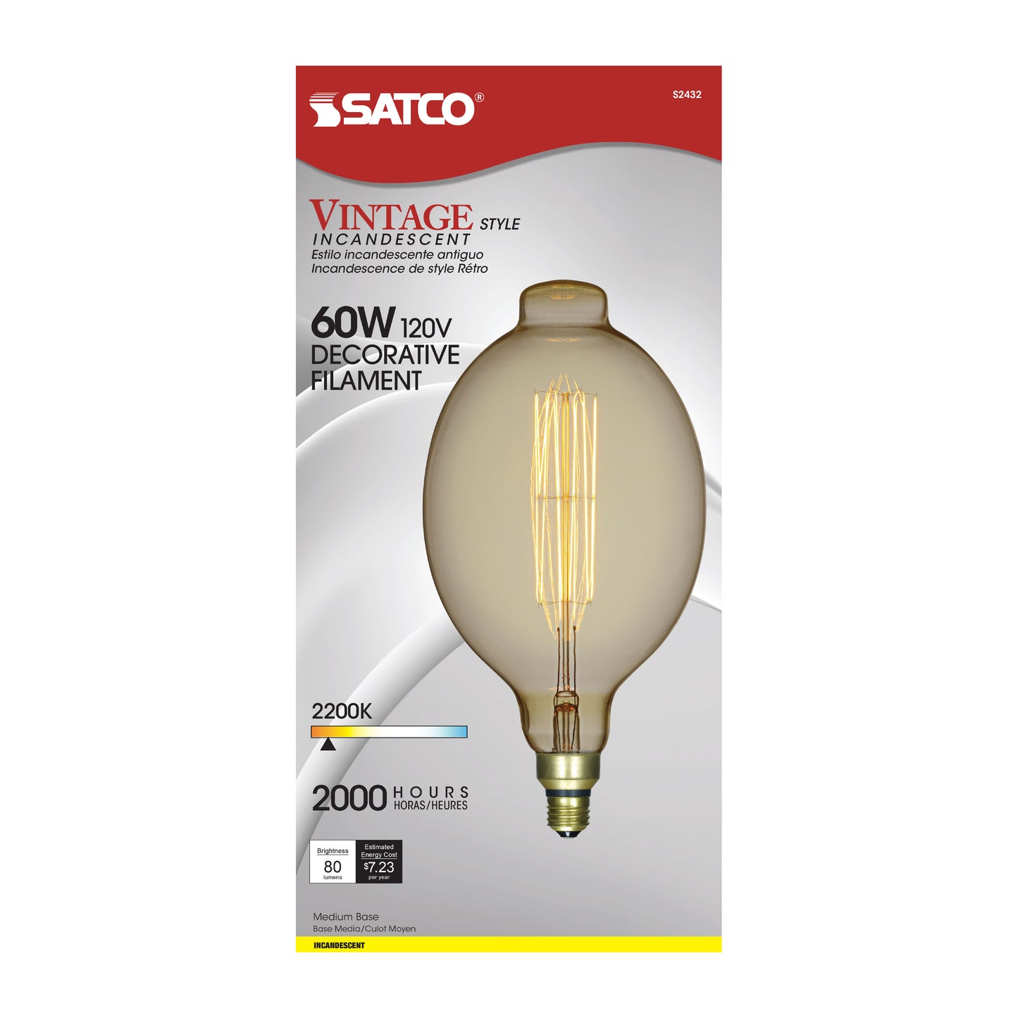 60 Watt BT56 Incandescent vintage style; Amber; 2000 Average rated hours; Medium Base; 120 Volt
