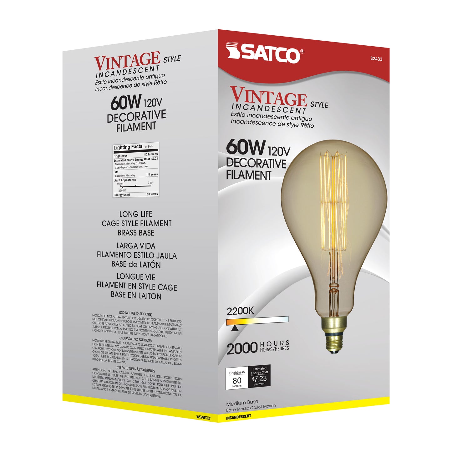 60 Watt PS52 Incandescent vintage style; Amber; 2000 Average rated hours; Medium Base; 120 Volt