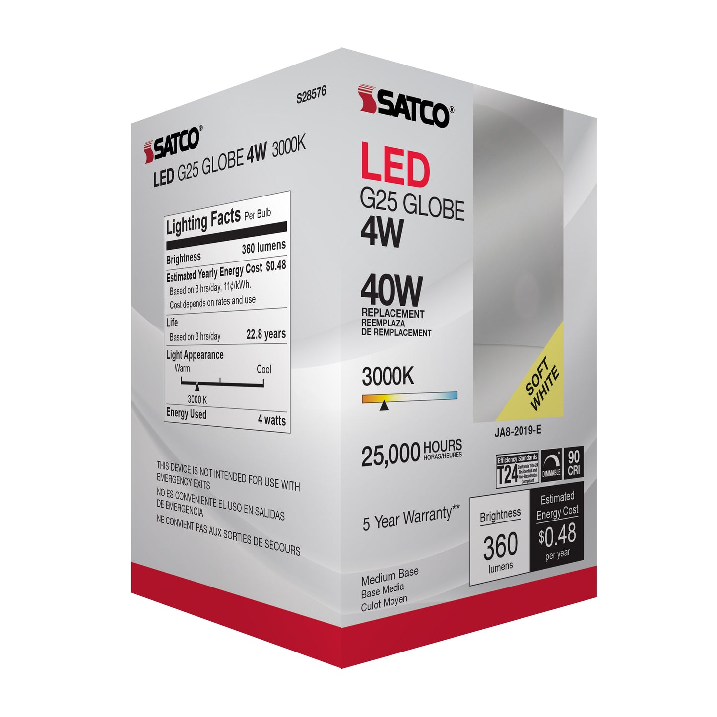 4 Watt; LED G25; 3000K; Medium base; 120 Volt