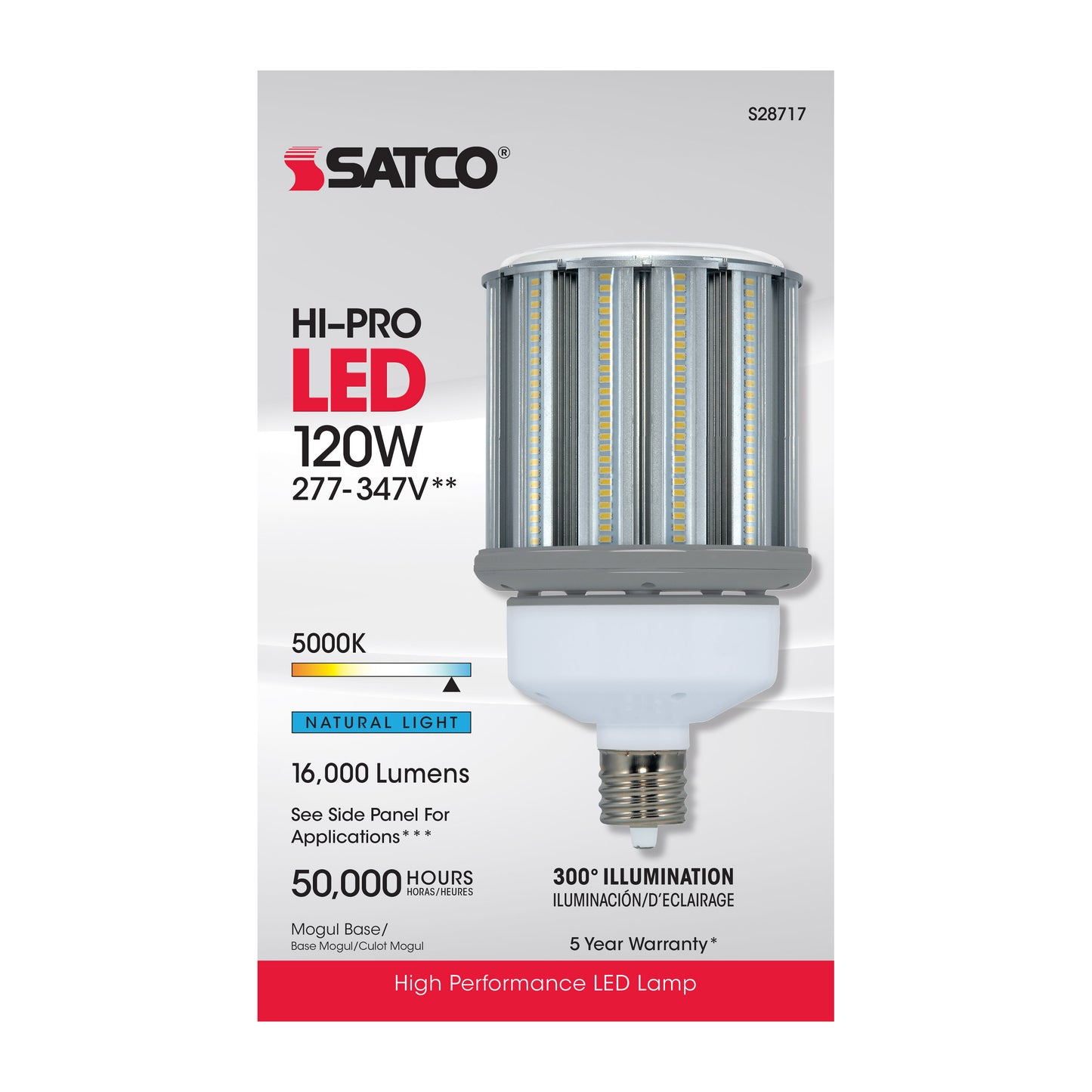 120 Watt LED HID Replacement; 5000K; Mogul extended base; Type B Ballast Bypass;277-347 Volt