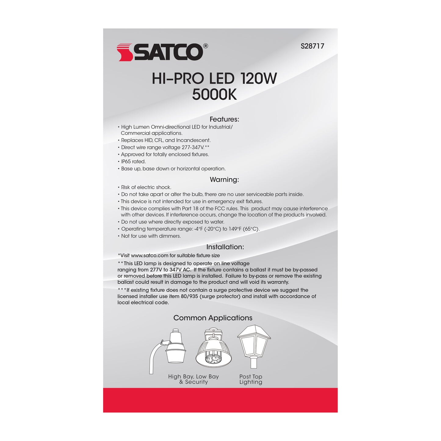 120 Watt LED HID Replacement; 5000K; Mogul extended base; Type B Ballast Bypass;277-347 Volt