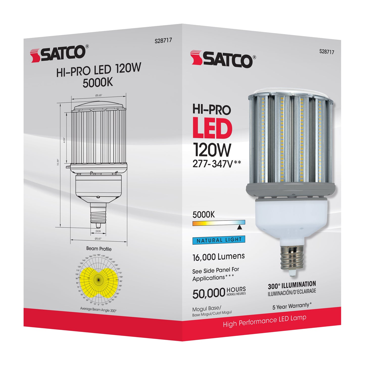 120 Watt LED HID Replacement; 5000K; Mogul extended base; Type B Ballast Bypass;277-347 Volt