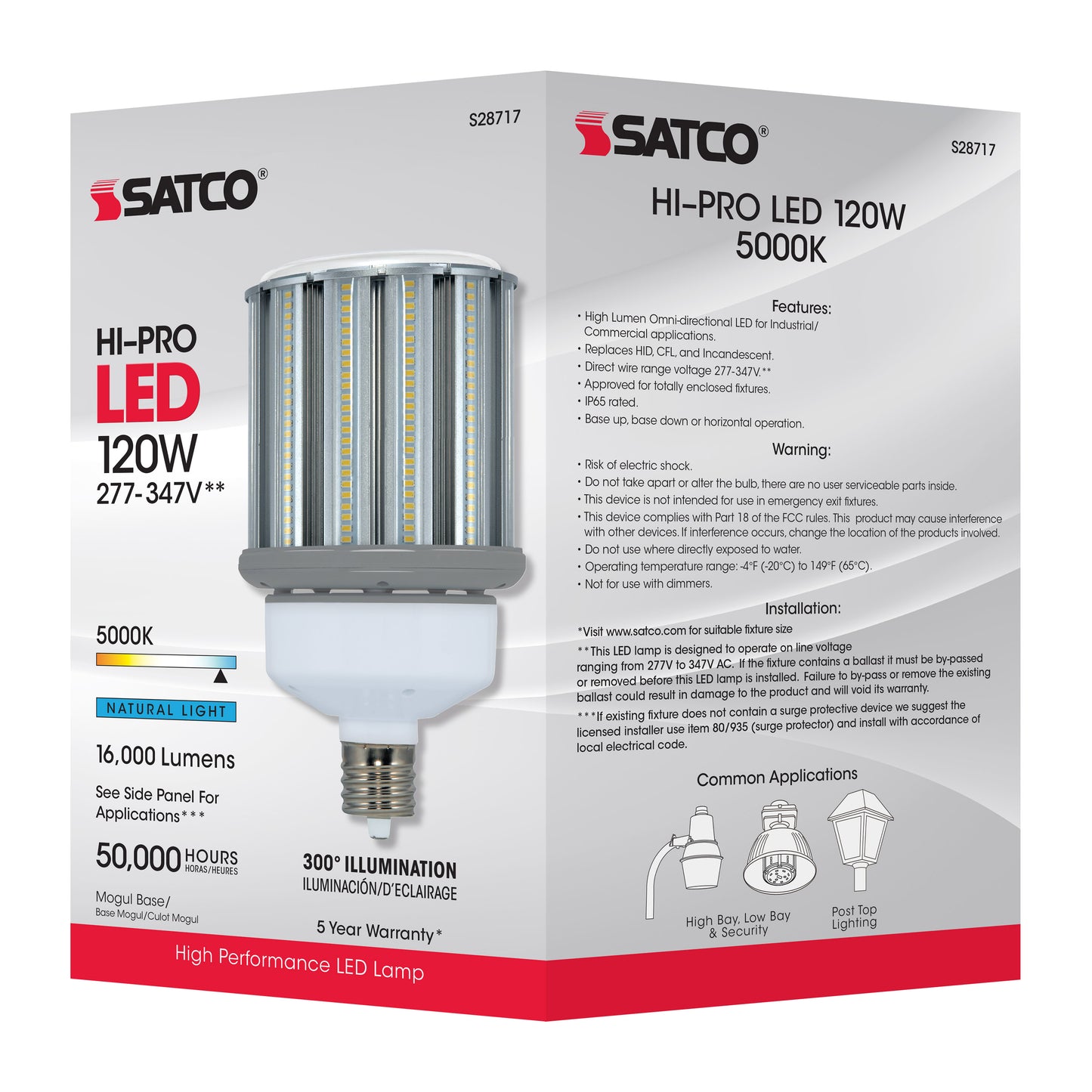 120 Watt LED HID Replacement; 5000K; Mogul extended base; Type B Ballast Bypass;277-347 Volt