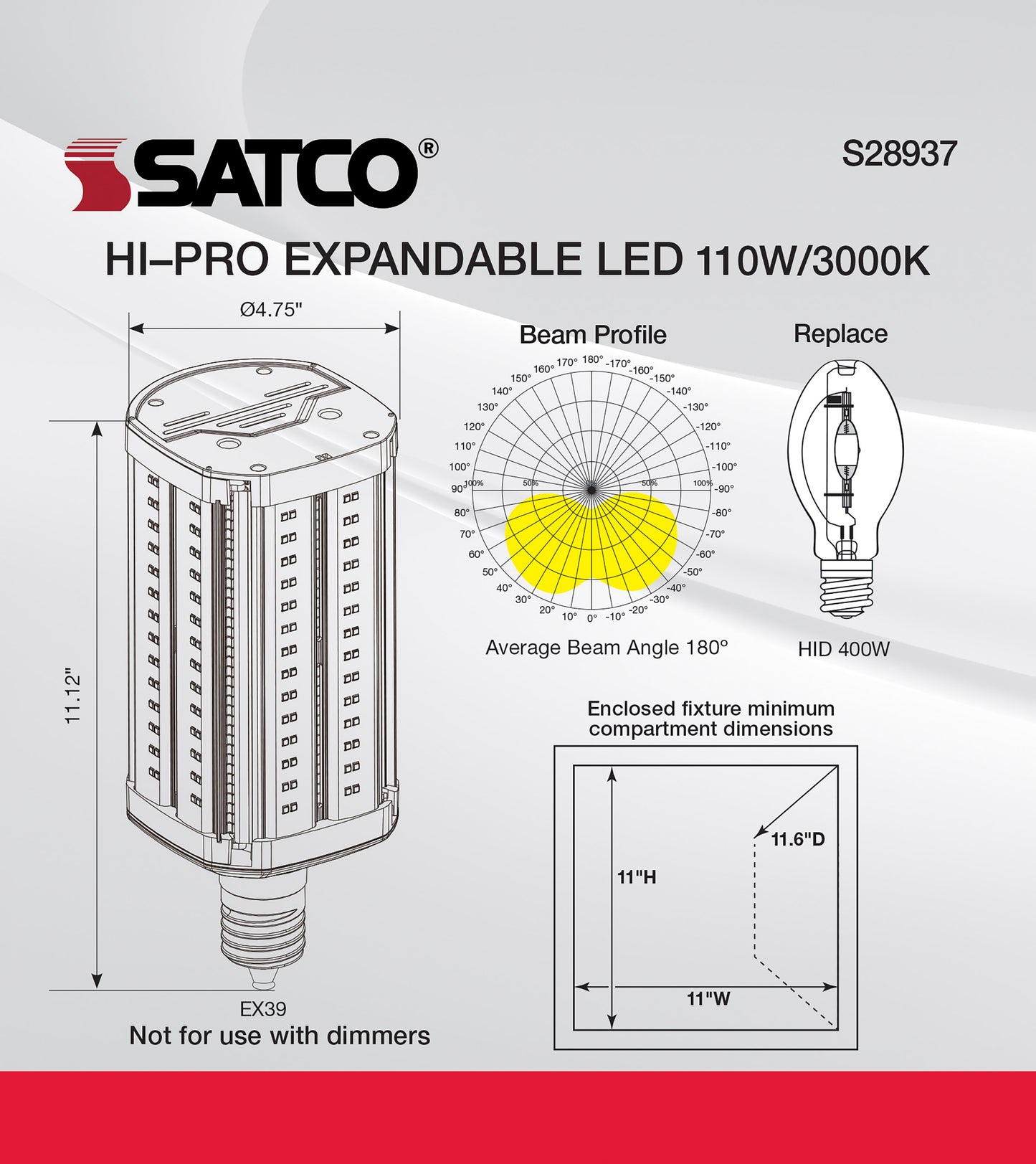 110 Watt LED Hi-lumen shoe box style lamp for commercial fixture applications; 3000K; Mogul Extended; Type B Ballast Bypass;100-277 Volt