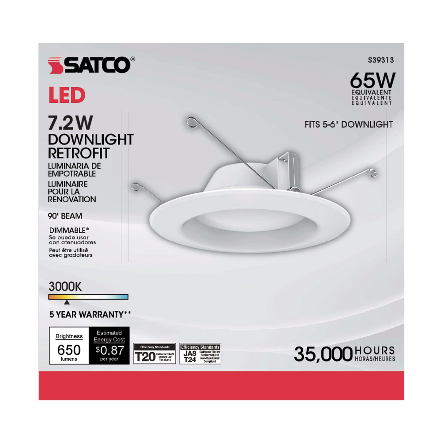 7.2W LED Downlight Retrofit; 5-6 Inches; 3000K; 120 Volt; White Finish