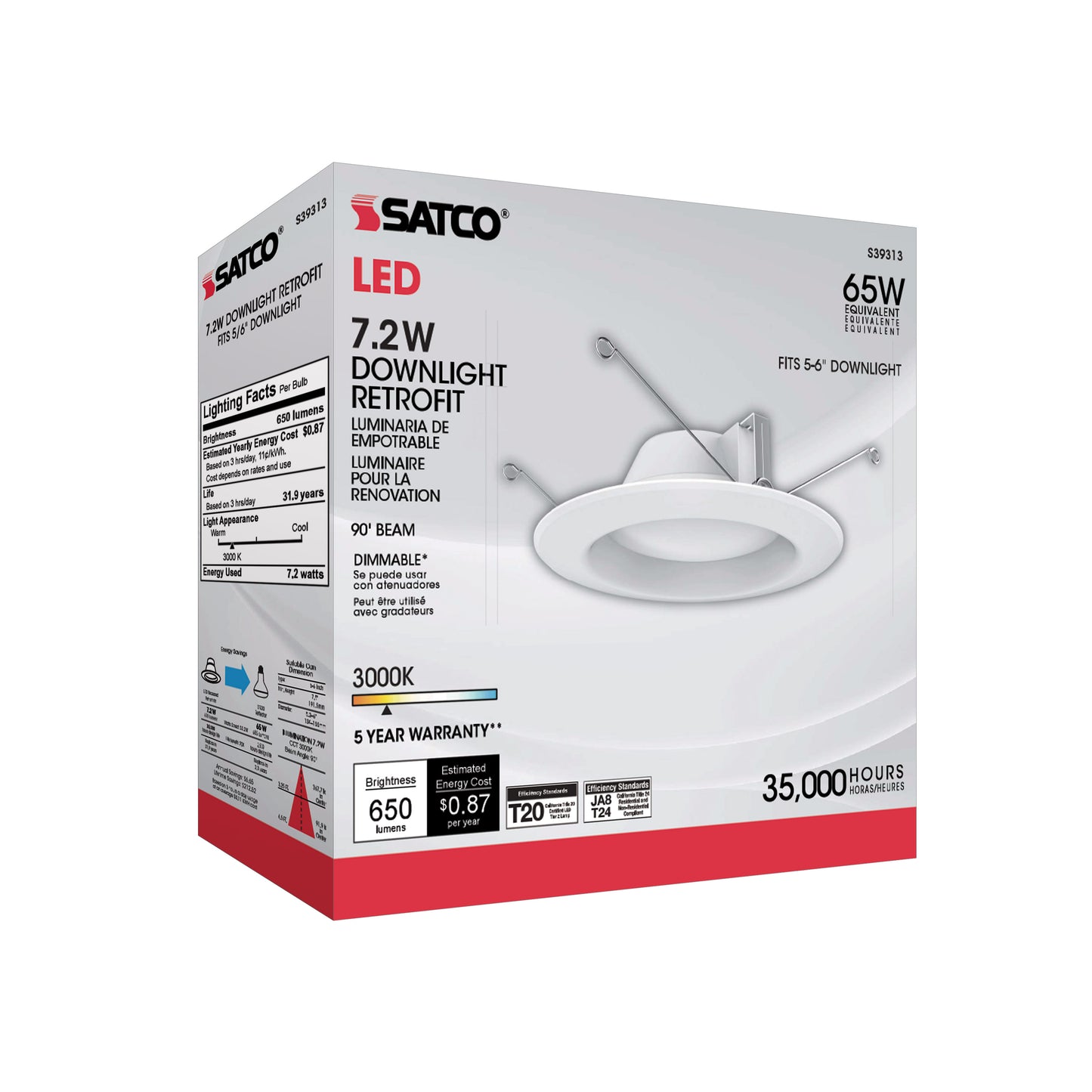 7.2W LED Downlight Retrofit; 5-6 Inches; 3000K; 120 Volt; White Finish