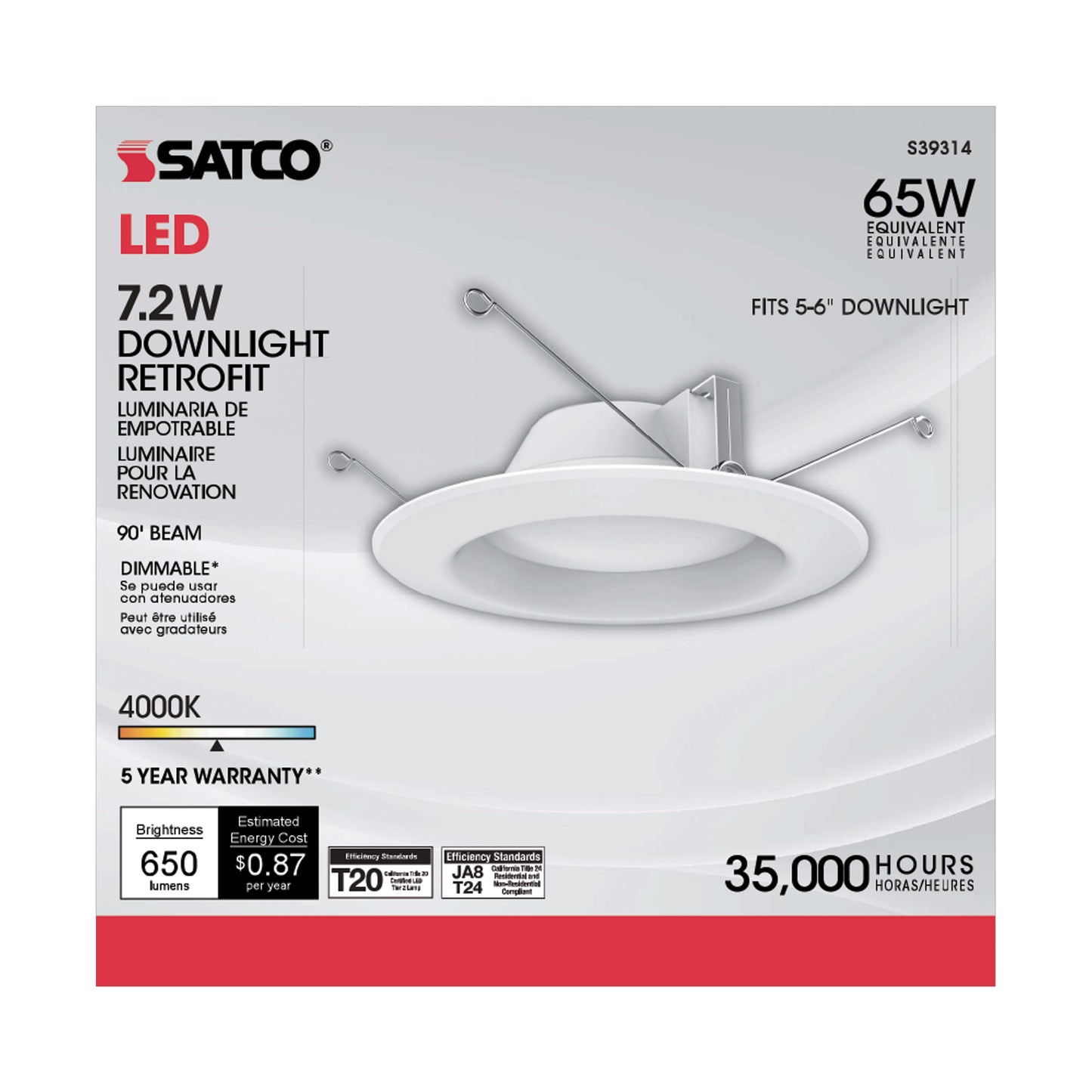 7.2W LED Downlight Retrofit; 5-6 Inches; 4000K; 120 Volt; White Finish