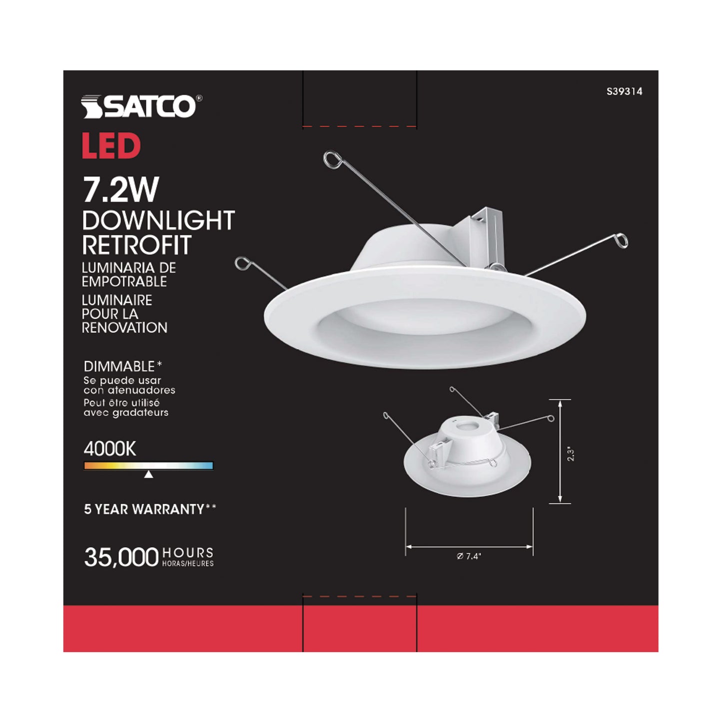 7.2W LED Downlight Retrofit; 5-6 Inches; 4000K; 120 Volt; White Finish