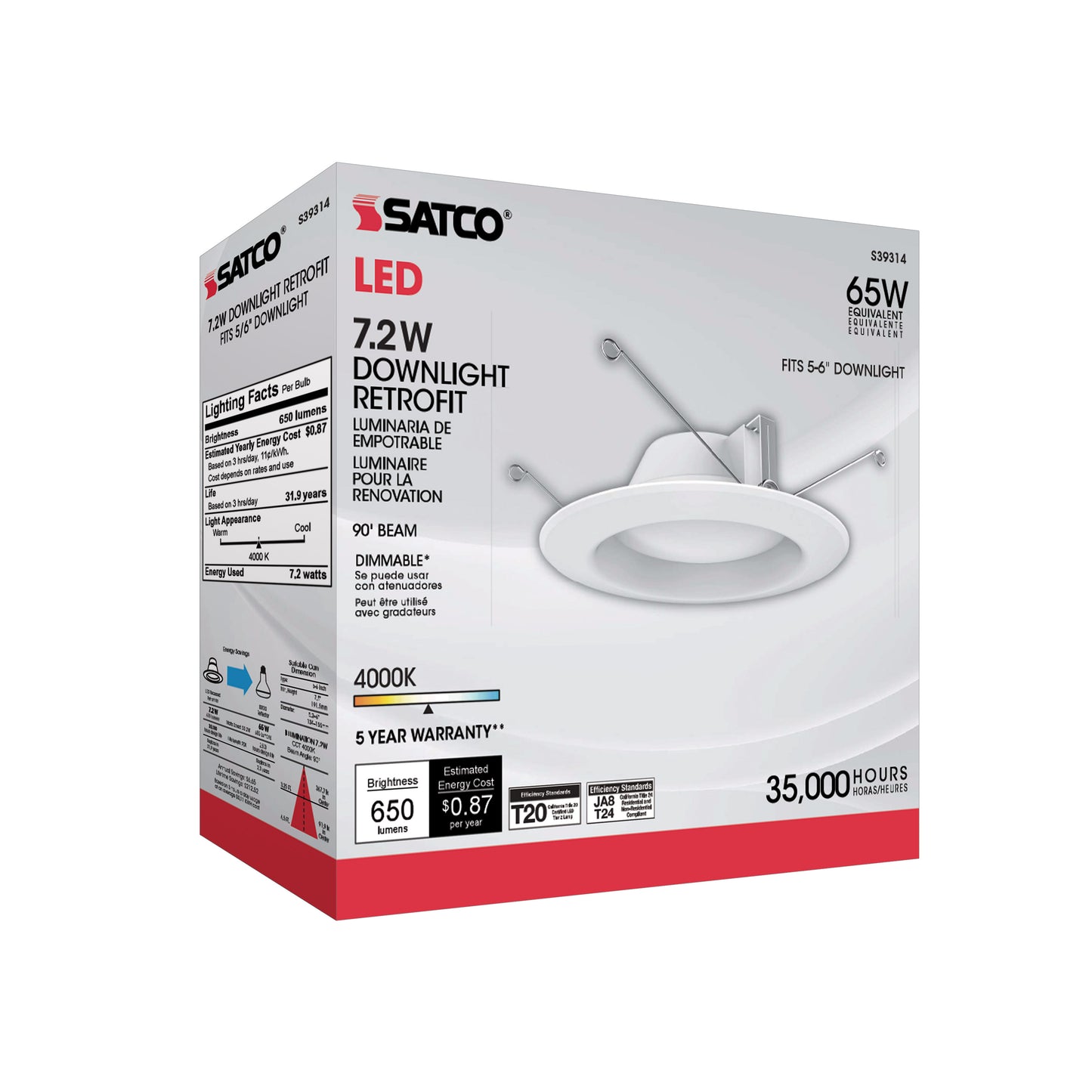 7.2W LED Downlight Retrofit; 5-6 Inches; 4000K; 120 Volt; White Finish
