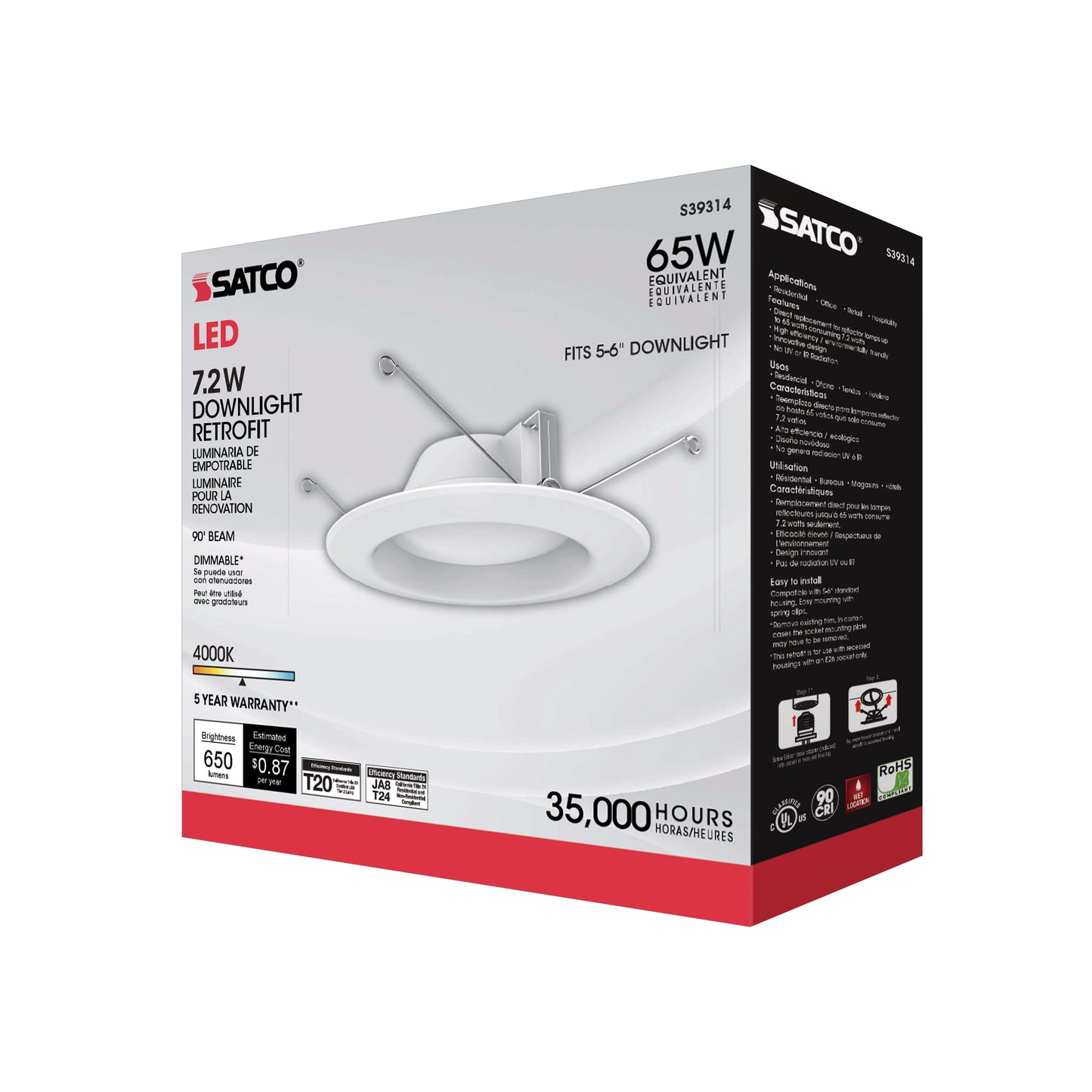 7.2W LED Downlight Retrofit; 5-6 Inches; 4000K; 120 Volt; White Finish