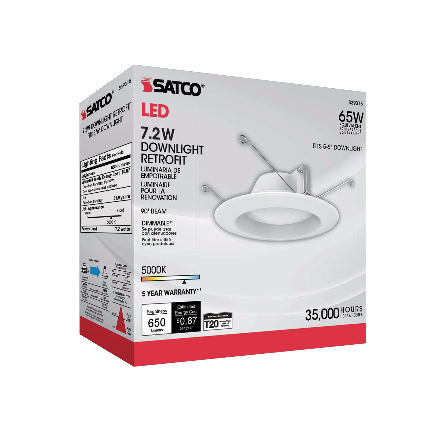 7.2W LED Downlight Retrofit; 5-6 Inches; 5000K; 120 Volt; White Finish