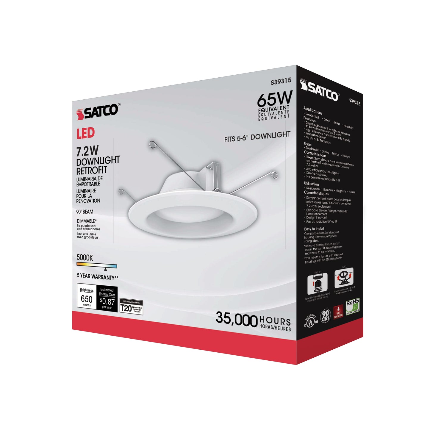 7.2W LED Downlight Retrofit; 5-6 Inches; 5000K; 120 Volt; White Finish