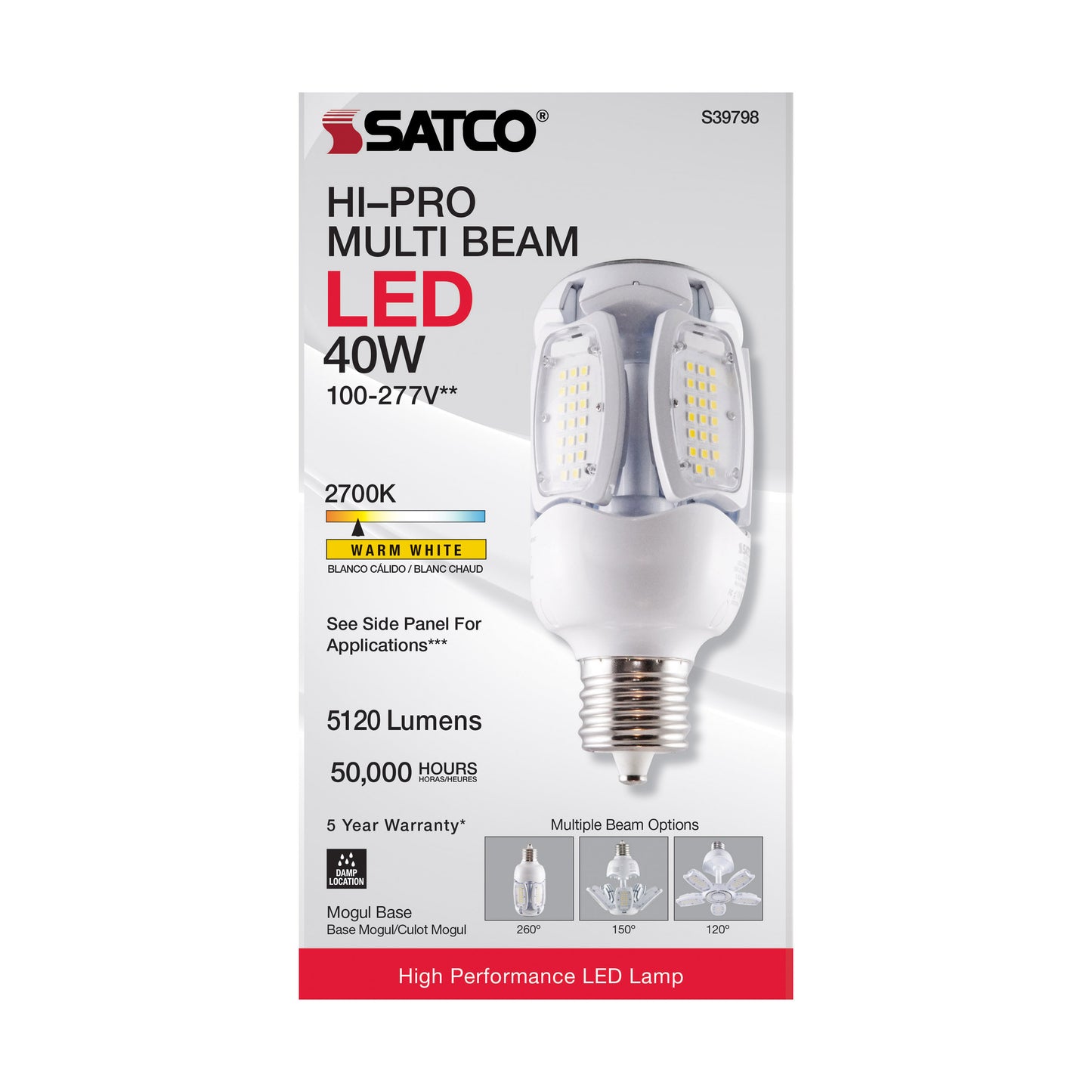 40 Watt LED HID Replacement; 2700K; Mogul extended base; Adjustable Beam Angle; Type B Ballast Bypass;100-277 Volt