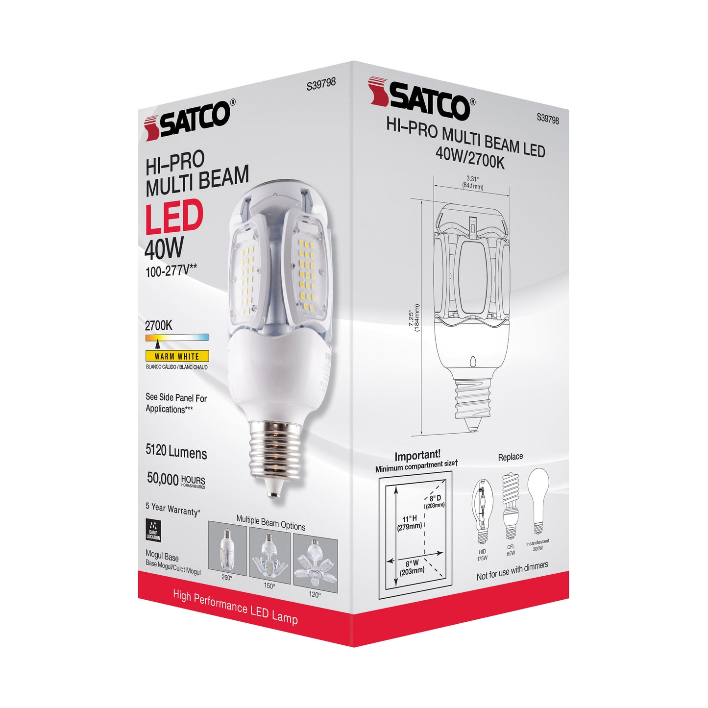 40 Watt LED HID Replacement; 2700K; Mogul extended base; Adjustable Beam Angle; Type B Ballast Bypass;100-277 Volt
