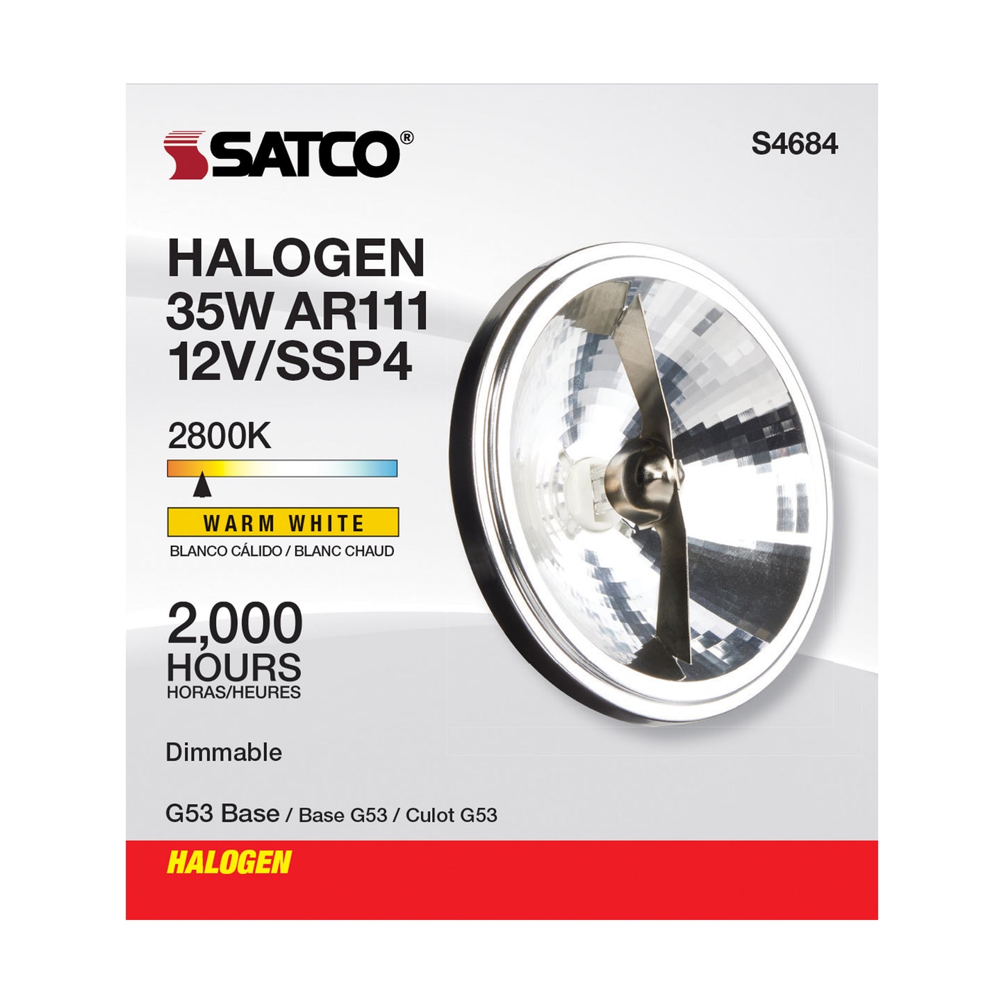 35 Watt; Halogen; AR111; 2000 Average rated hours; G53 base; 12 Volt