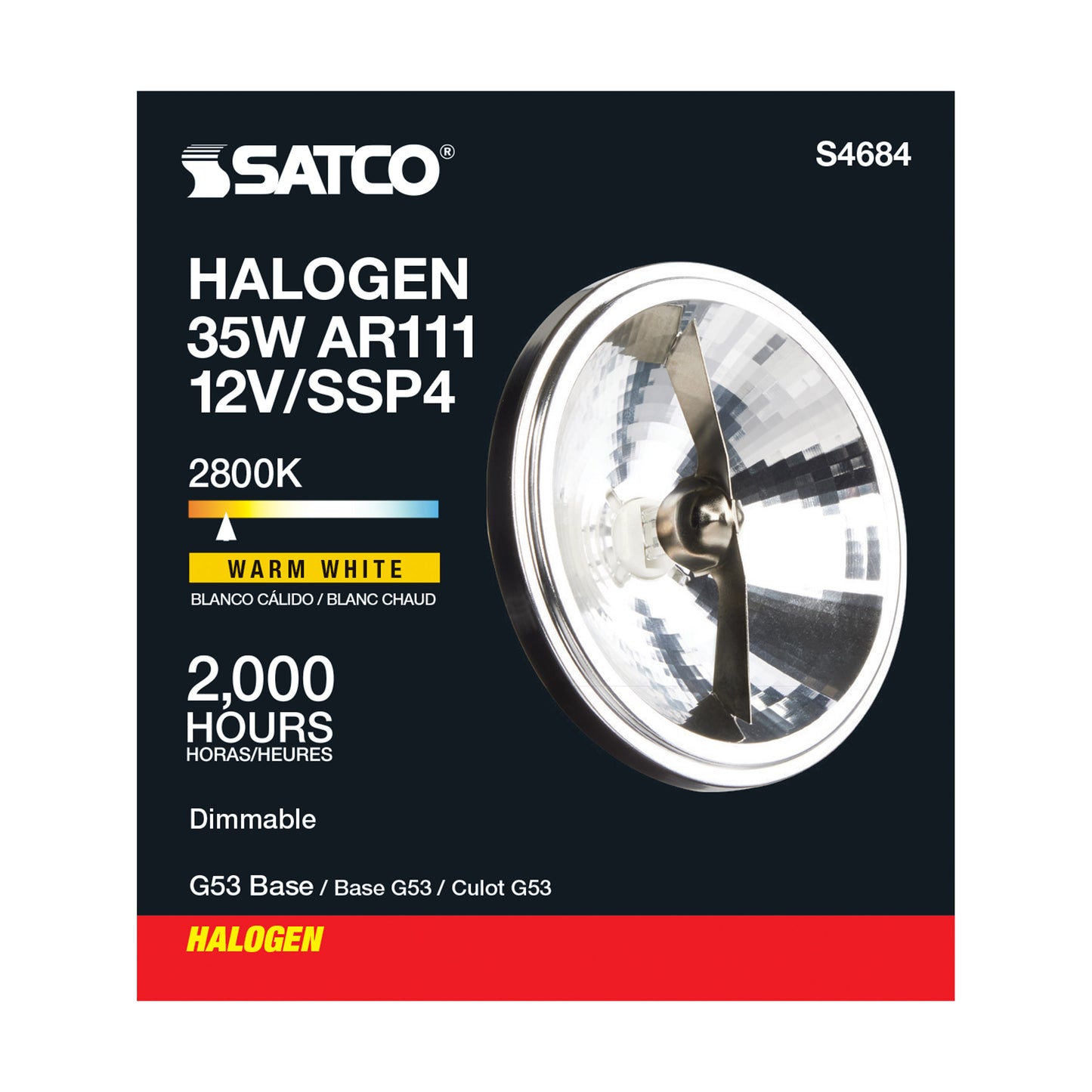 35 Watt; Halogen; AR111; 2000 Average rated hours; G53 base; 12 Volt