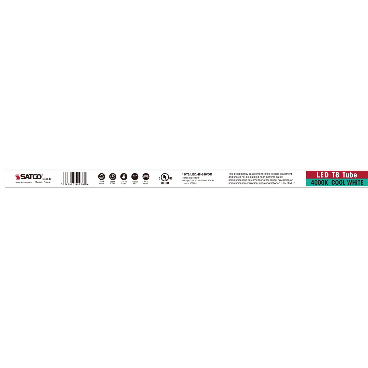 11 Watt; 4 Foot LED T8; Medium Bi Pin base; 4000K; 50000 Average rated hours; 1800 Lumens; Type A; Ballast dependent