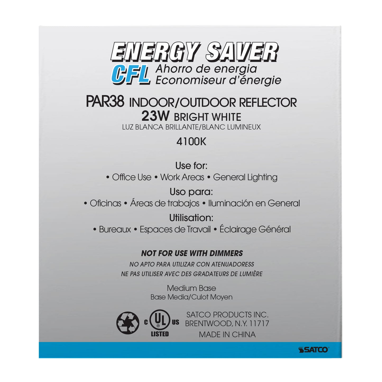 23 Watt; PAR38 Compact Fluorescent; 4100K; 82 CRI; Medium base; 120 Volt