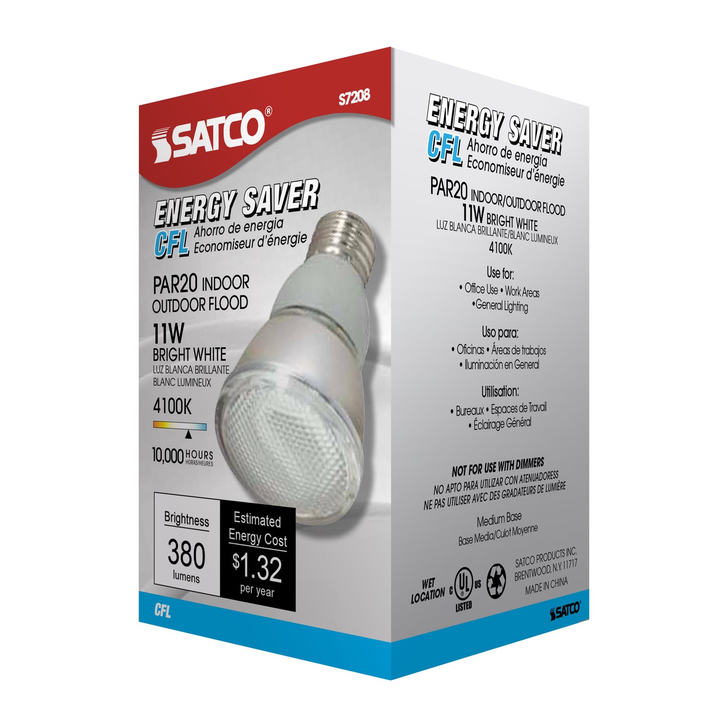 11 Watt; PAR20 Compact Fluorescent; 4100K; 82 CRI; Medium base; 120 Volt