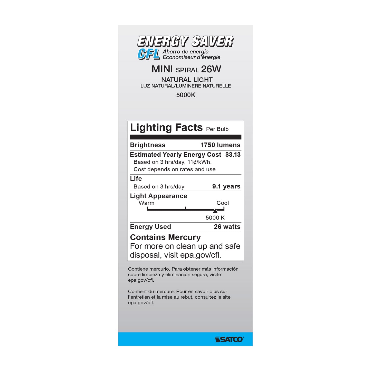 26 Watt; Mini Spiral Compact Fluorescent; 5000K; 82 CRI; Medium base; 120 Volt