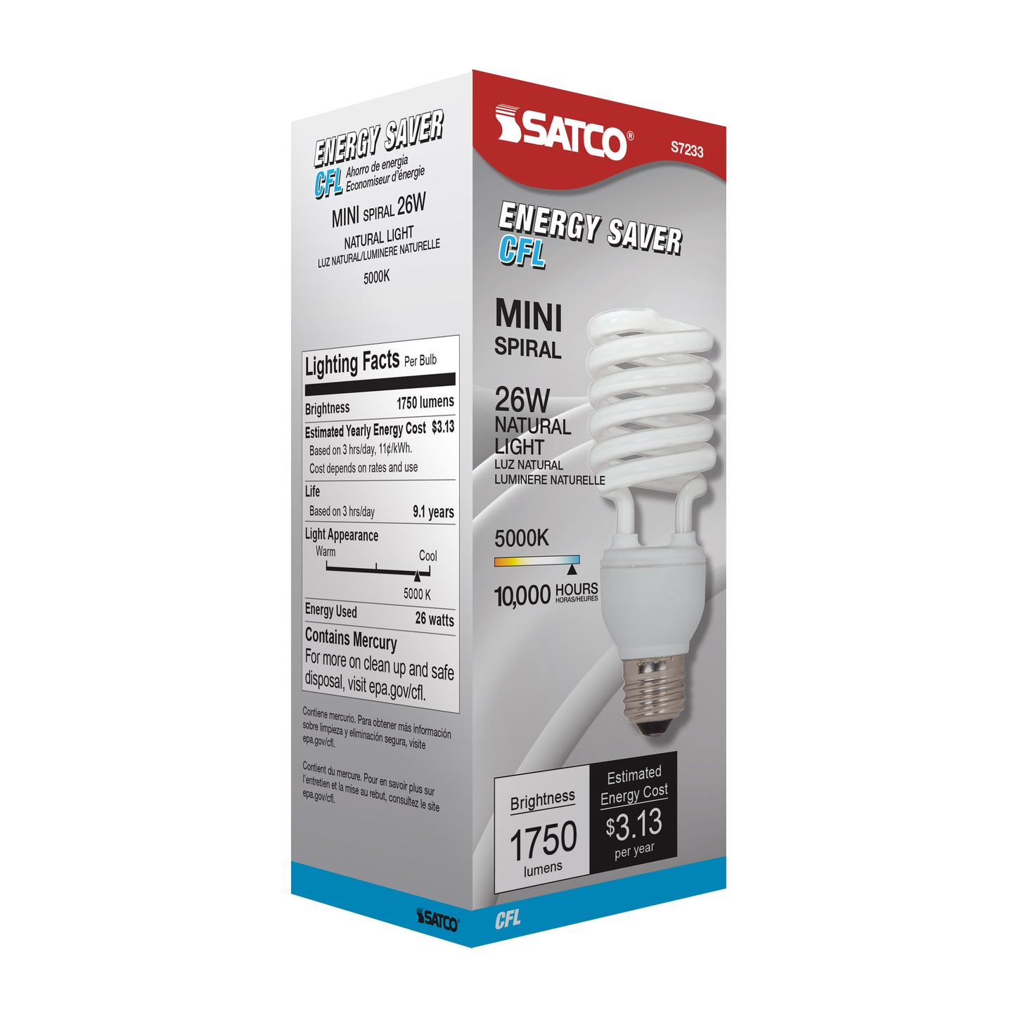 26 Watt; Mini Spiral Compact Fluorescent; 5000K; 82 CRI; Medium base; 120 Volt