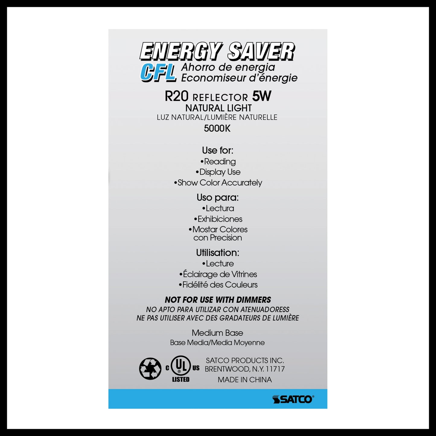 5 Watt; R20 Compact Fluorescent; 5000K; 82 CRI; Medium base; 120 Volt