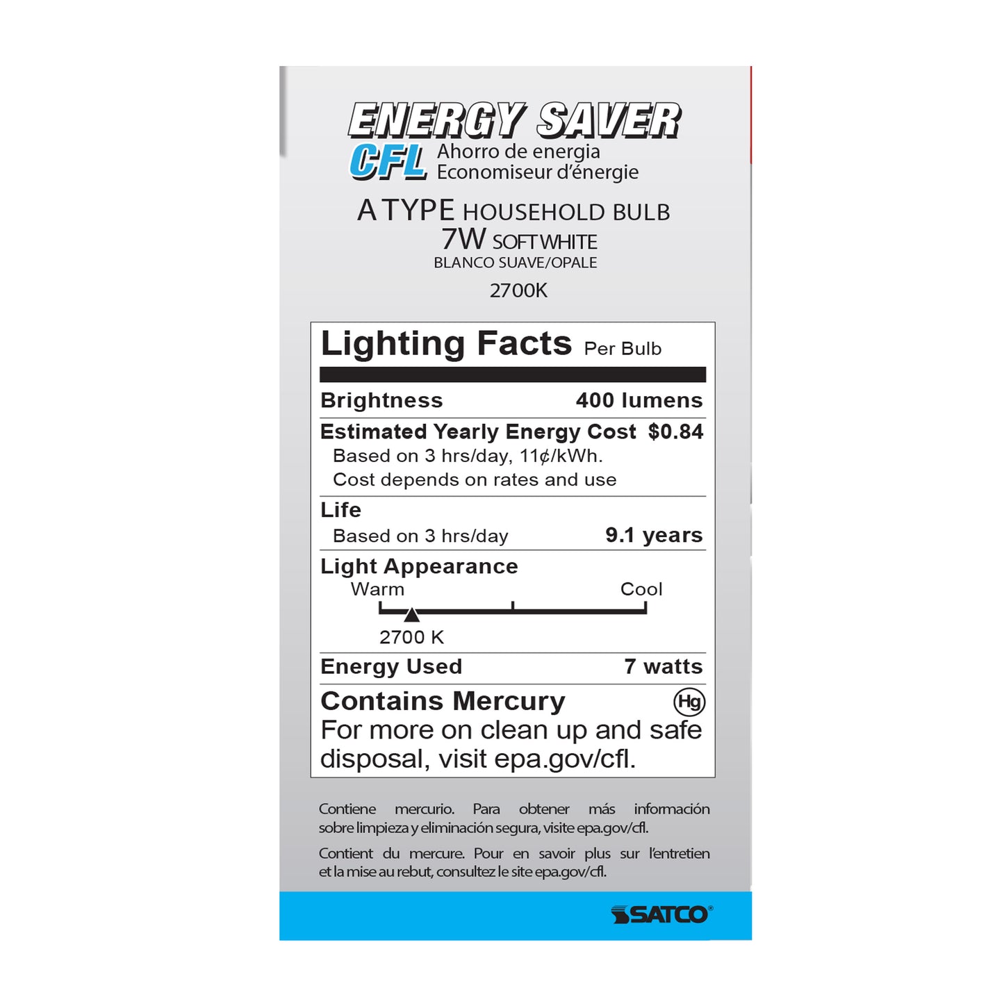 7 Watt; A19 Compact Fluorescent; 2700K; 82 CRI; Medium base; 120 Volt