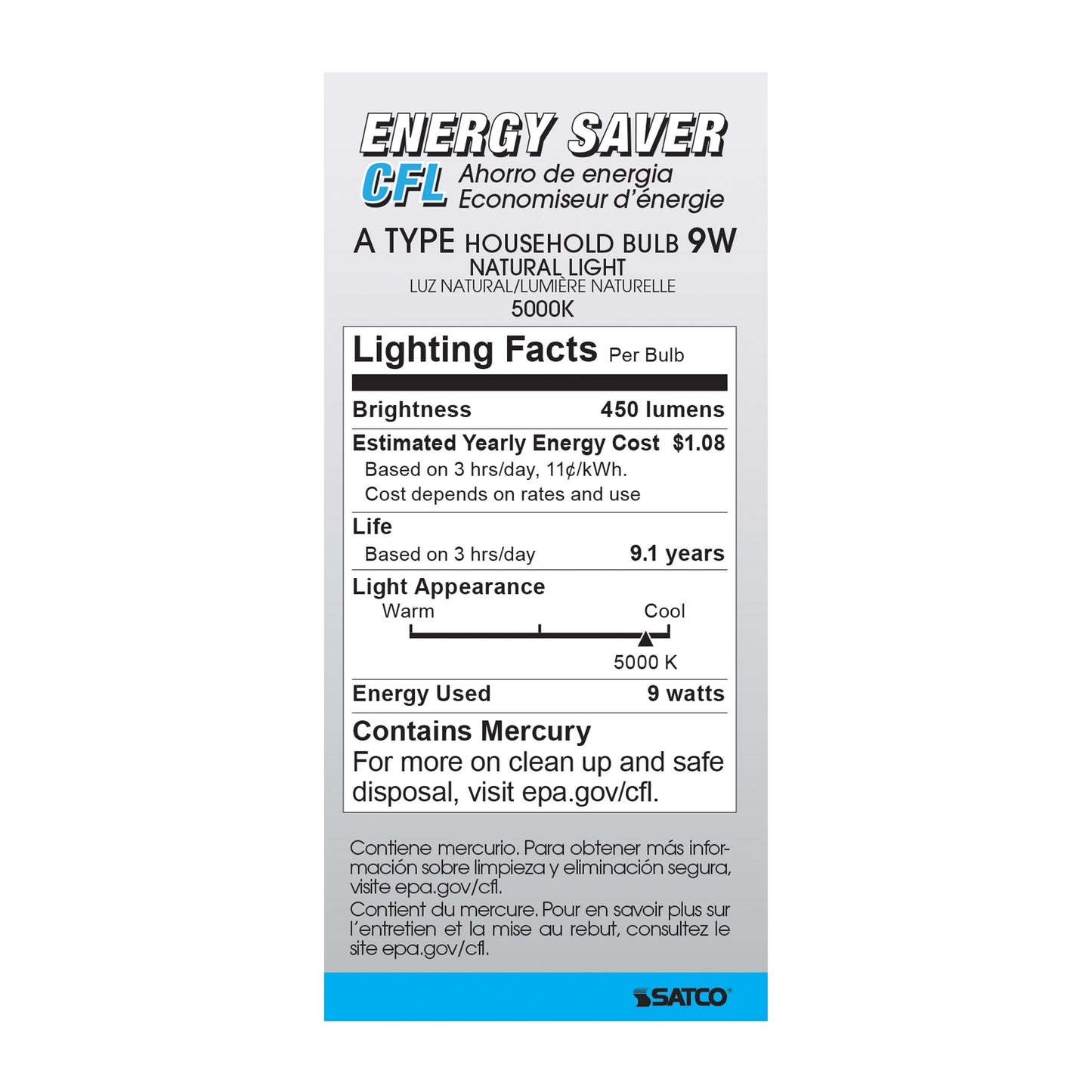 9 Watt; A19 Compact Fluorescent; 5000K; 82 CRI; Medium base; 120 Volt