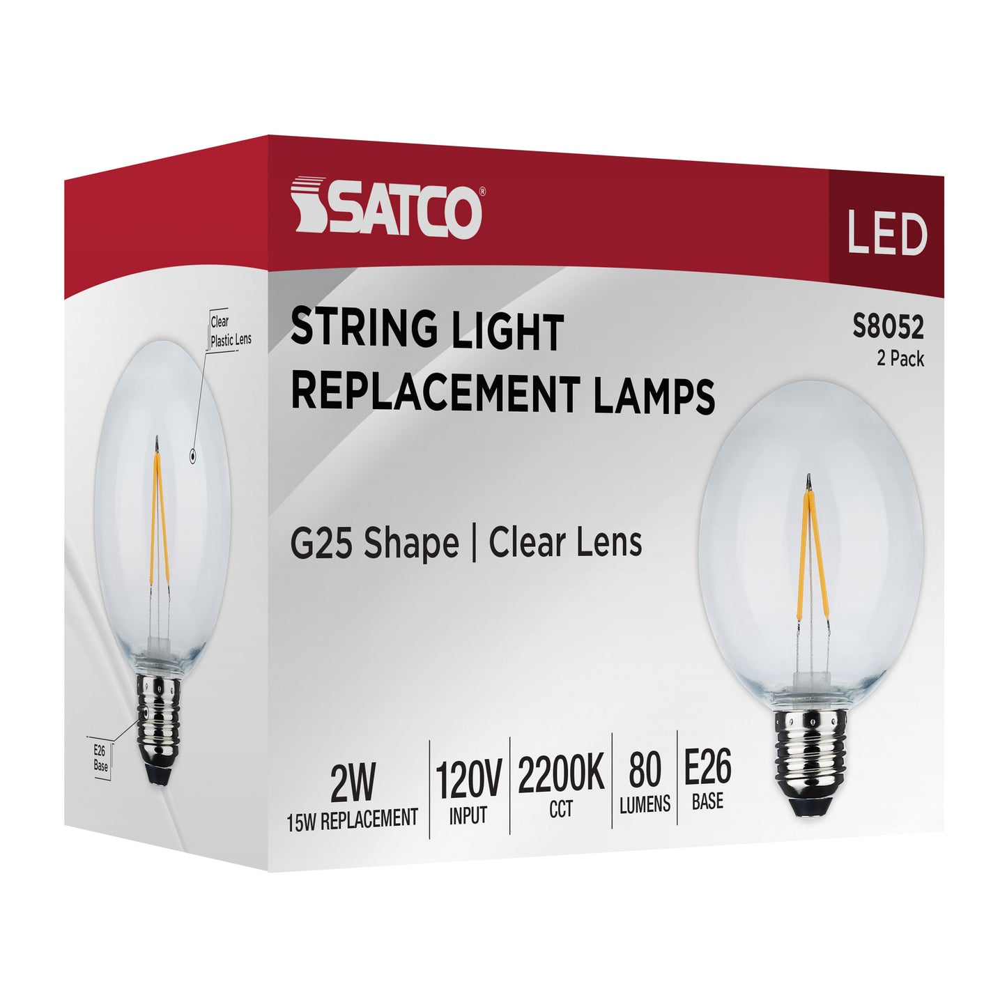 Replacement LED String Light Lamp; 2 Watts; G25; 2200K; Clear; 120 Volt; Medium Base; 2-Pack
