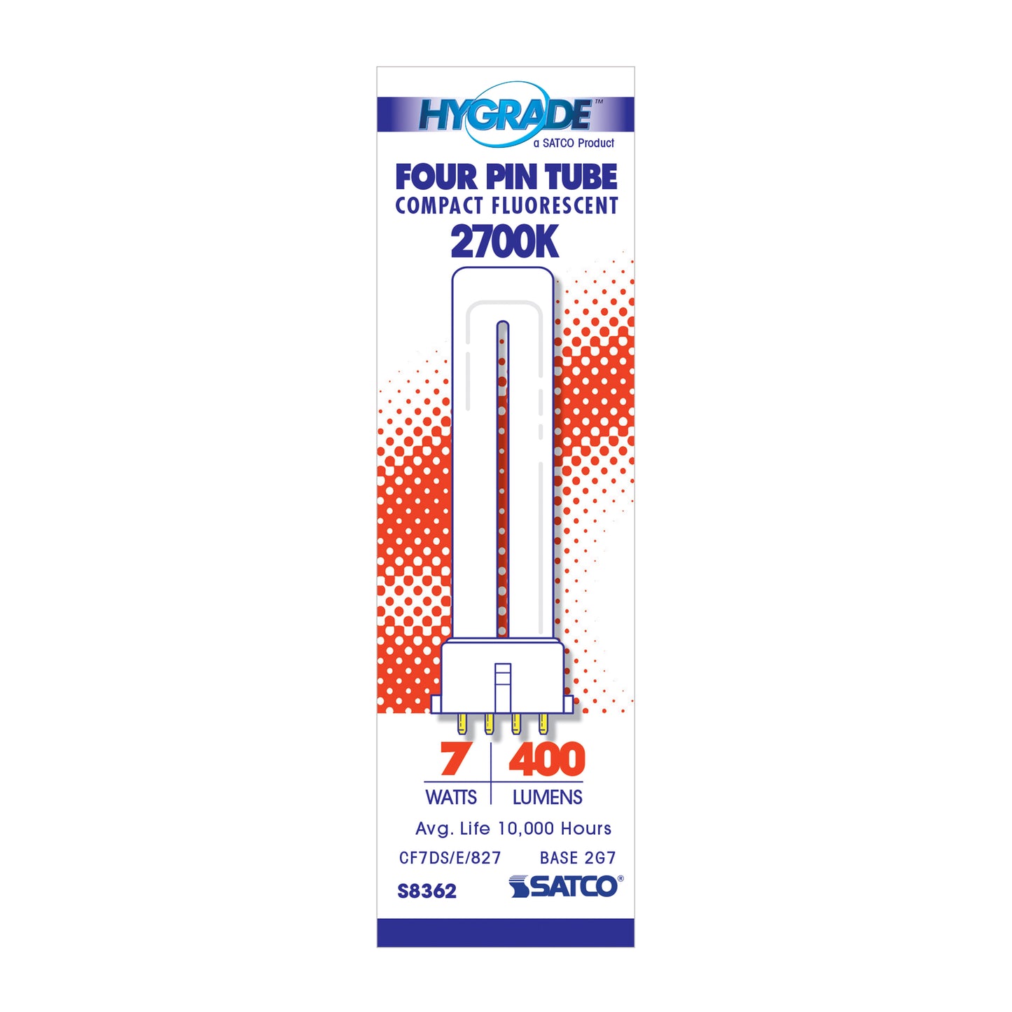 7 Watt; pin-based Compact Fluorescent; 2700K; 82 CRI; 2G7 base