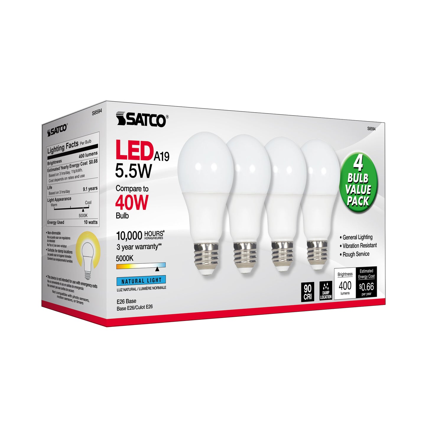 5.5 Watt; A19 LED; Frosted; 5000K; Medium base; 120 Volt; 4-pack