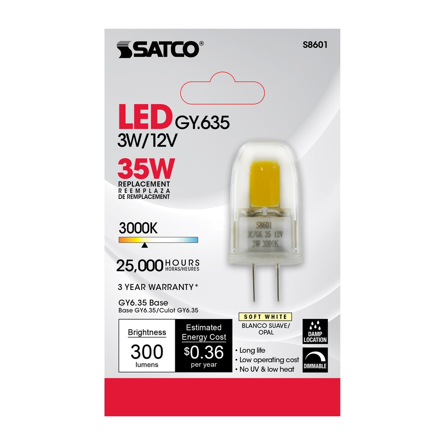 3W; JC LED; 3000K; G6.35 base; Carded; 12 Volt AC/DC; Carded